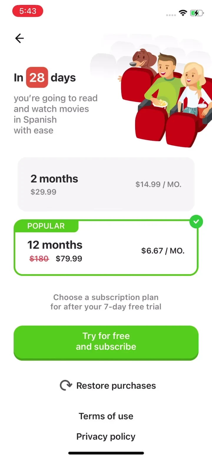 10 Minute Spanish paywall screenshot