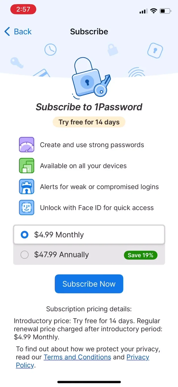 1Password: Password Manager paywall screenshot