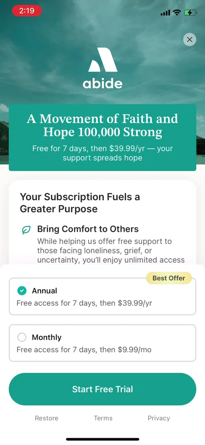 Abide: Bible Prayer Meditation paywall screenshot