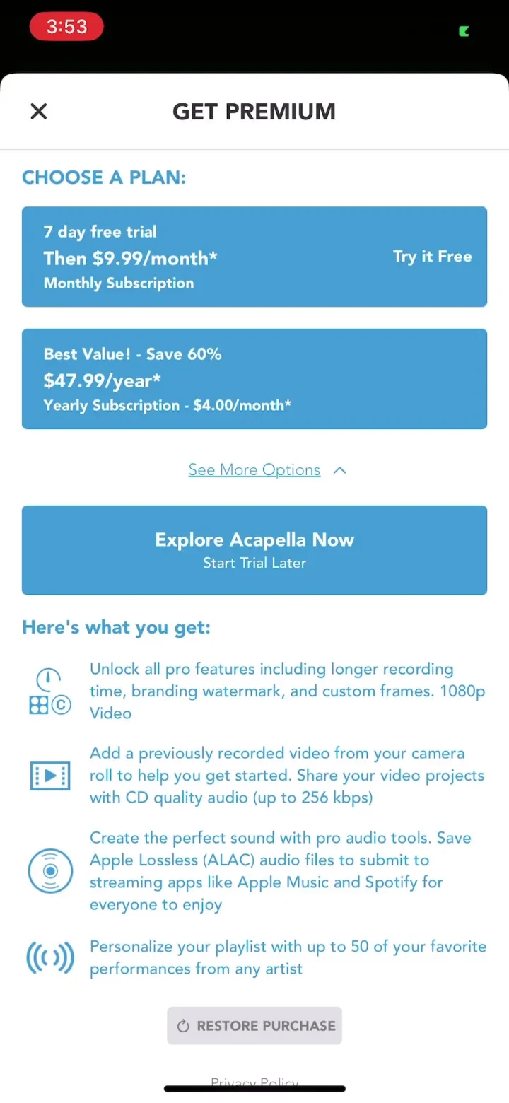 Acapella from PicPlayPost paywall screenshot