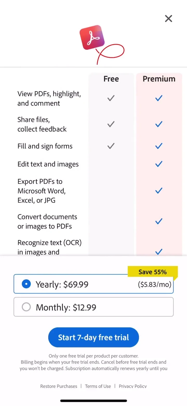 Adobe Acrobat Reader: Edit PDF paywall screenshot