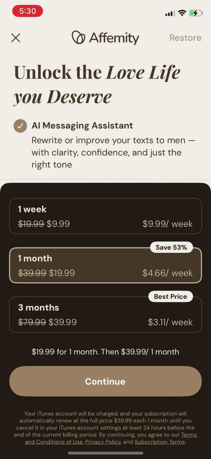 Affemity: Relationship Coach paywall screenshot