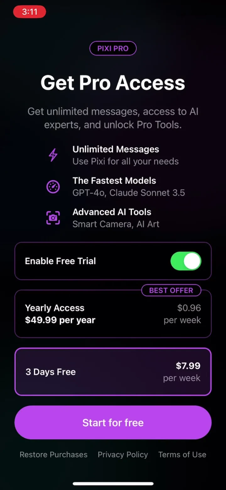 AI Chatbot: Pixi paywall screenshot