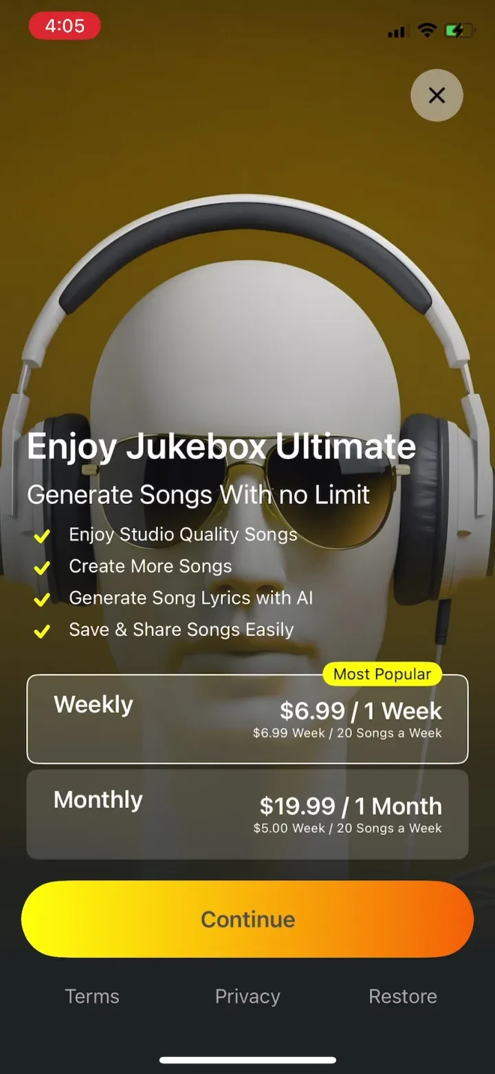 AI Song Generator - Jukebox paywall screenshot