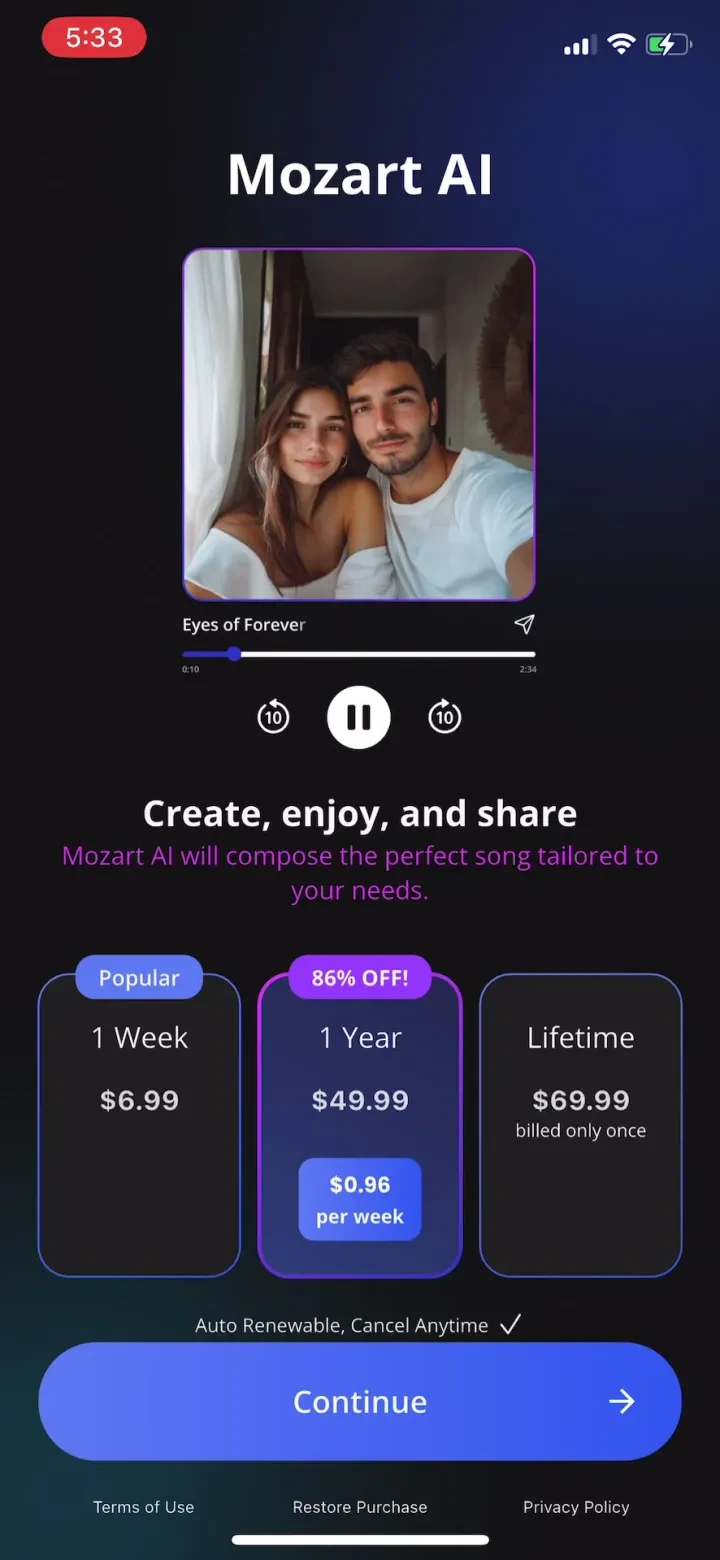 AI Song Generator: Mozart paywall screenshot