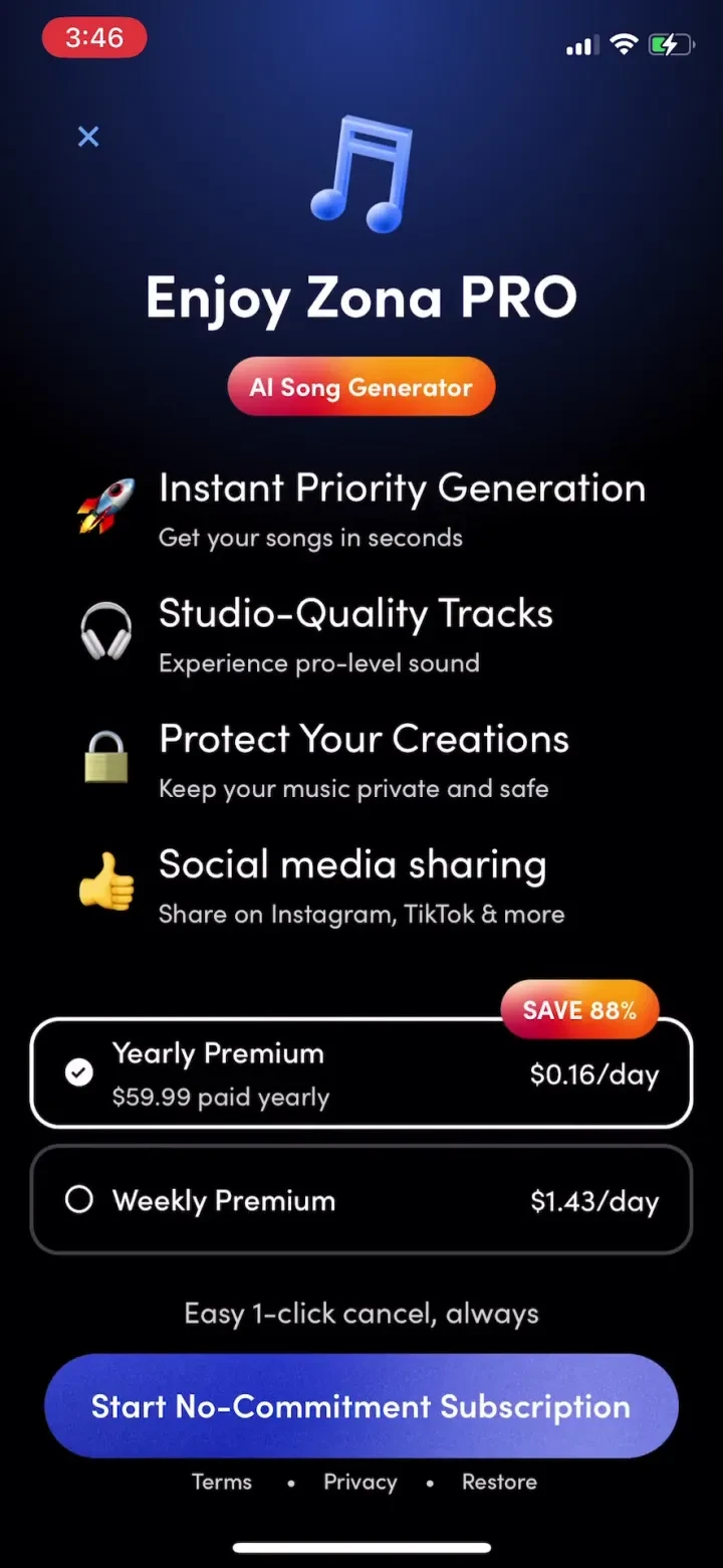 AI Song Generator - Zona paywall screenshot