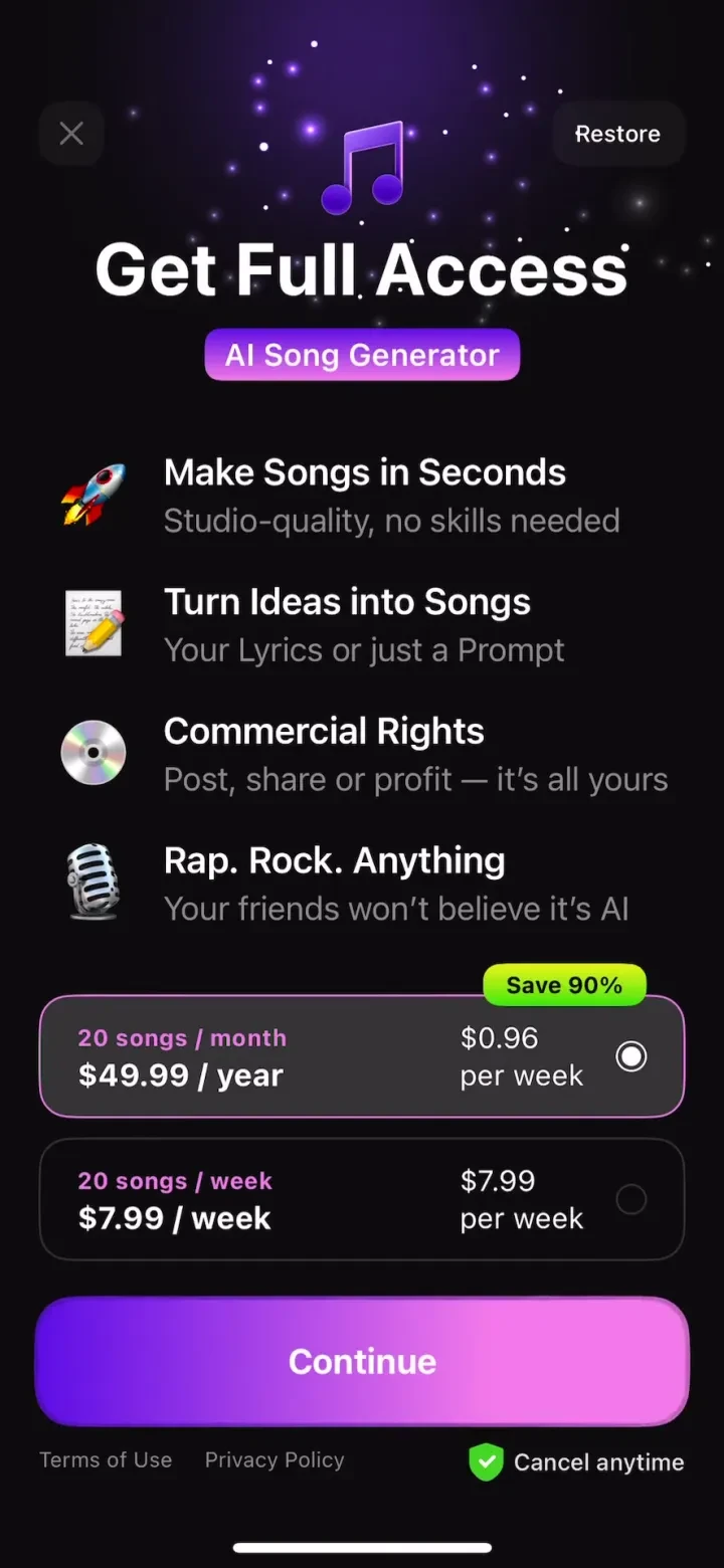 AI Song Music Generator: Muzio paywall screenshot