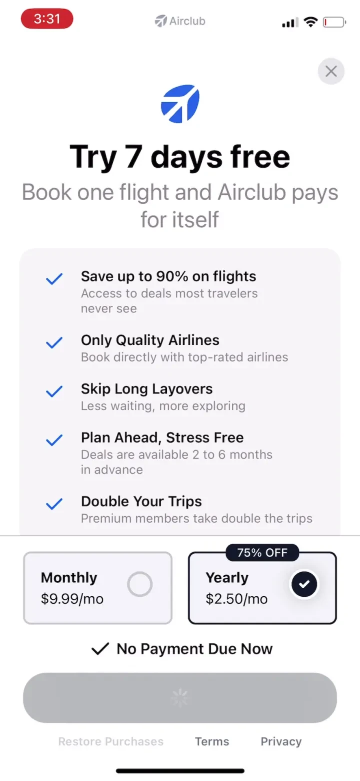 Airclub - Flight Deals paywall screenshot