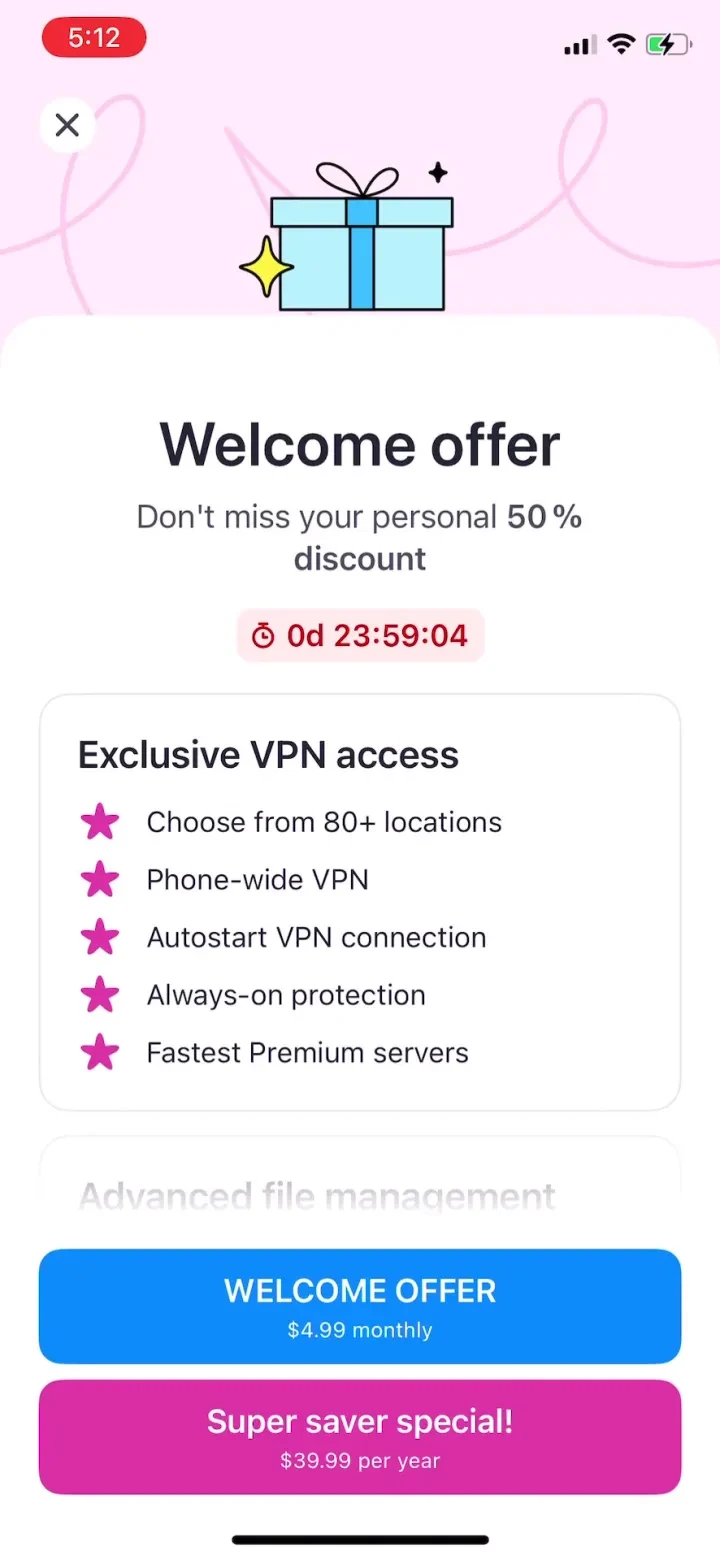 Aloha Browser – Private VPN paywall screenshot