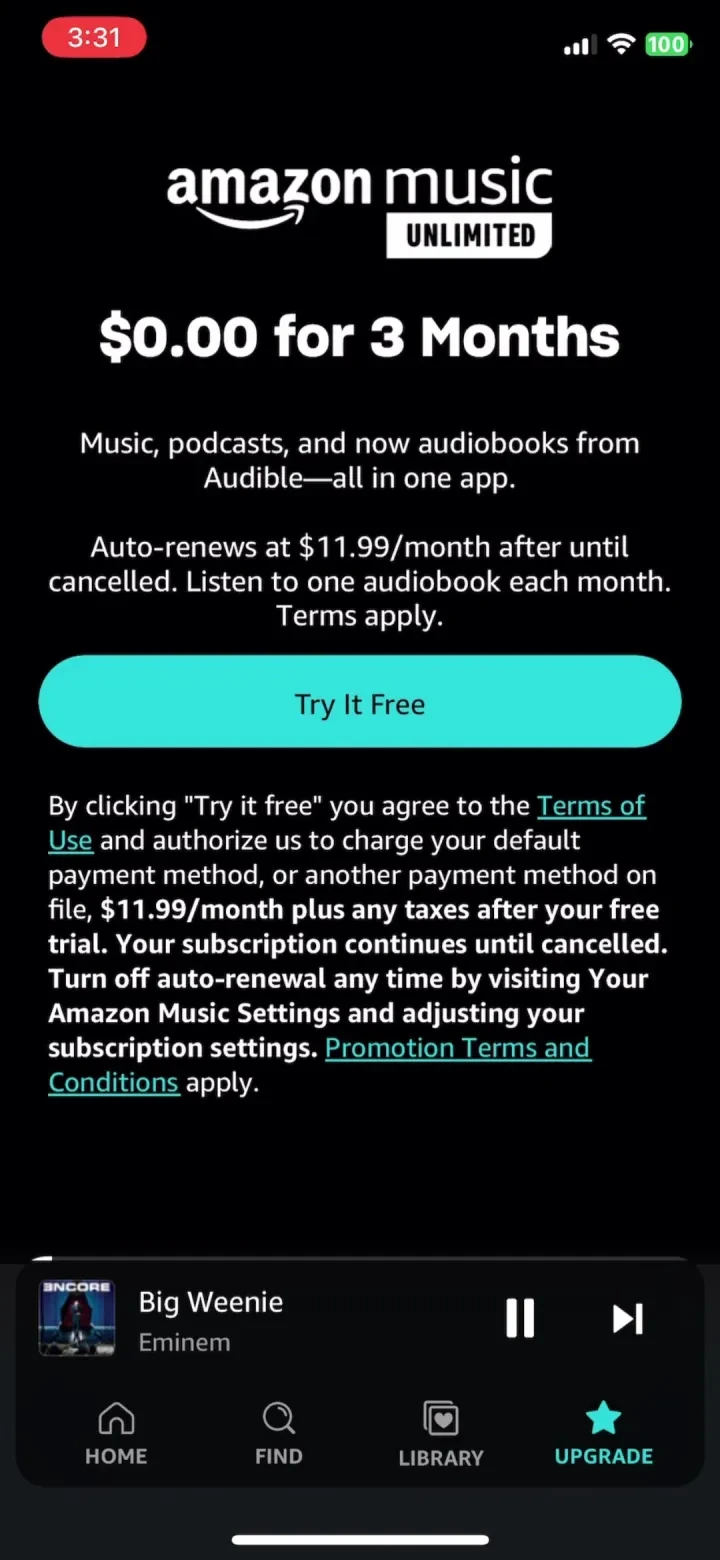 Amazon Music: Songs & Podcasts paywall screenshot
