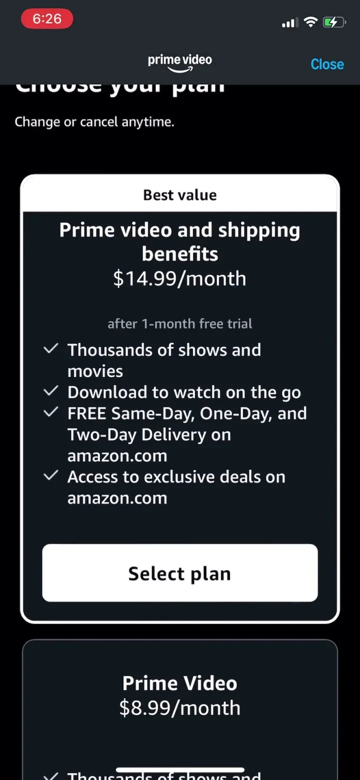 Amazon Prime Video paywall screenshot