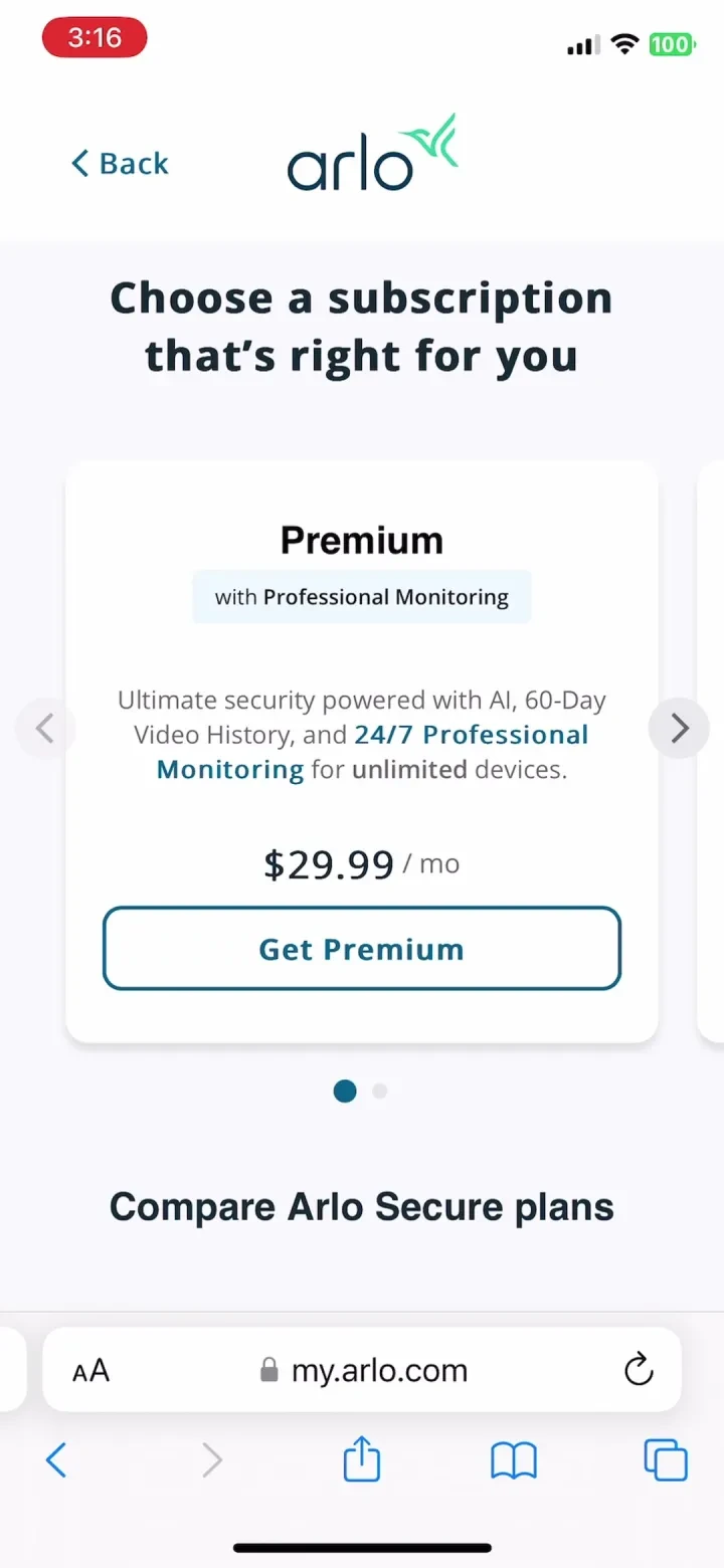 Arlo Secure: Home Security paywall screenshot