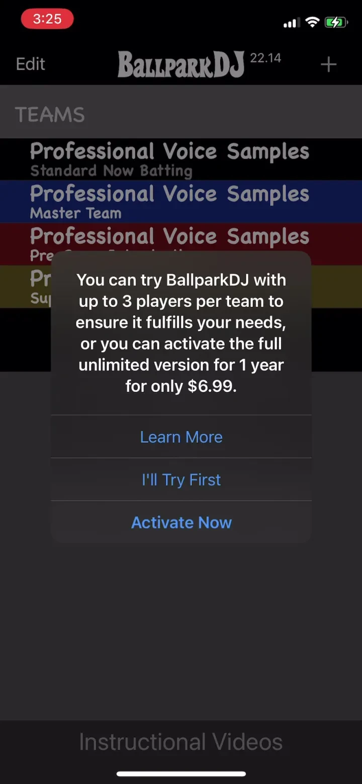 BallparkDJ Walkout Intros paywall screenshot
