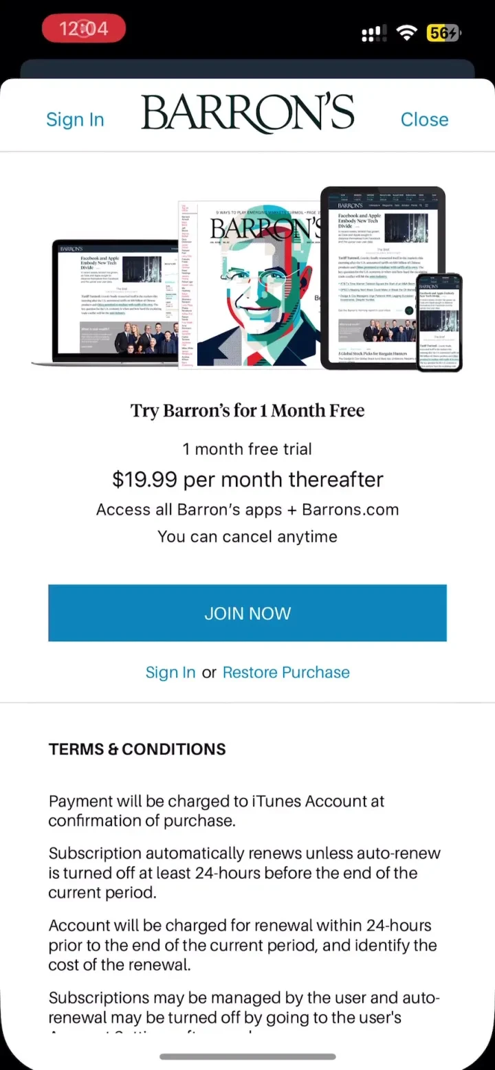 Barron’s - Investing Insights paywall screenshot