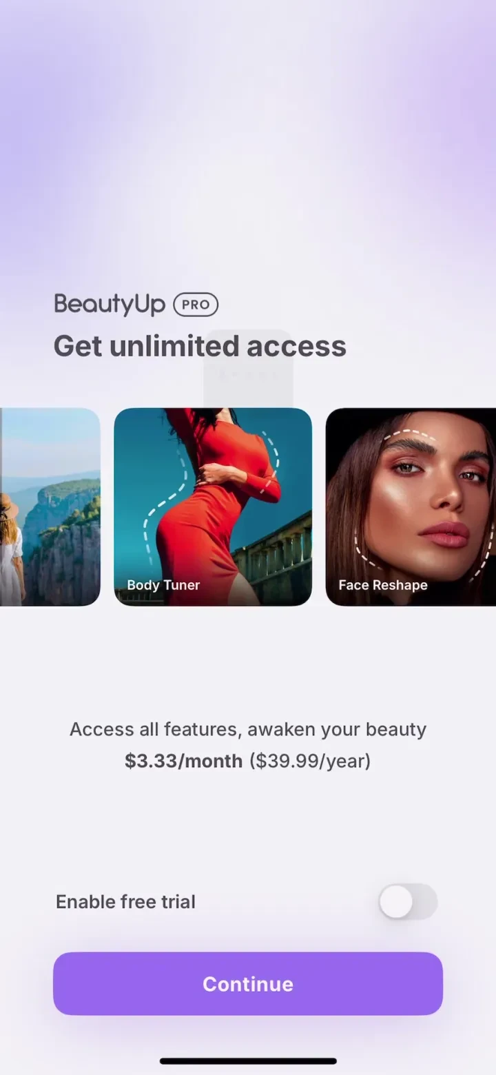 BeautyUp－AI Face & Body Editor paywall screenshot