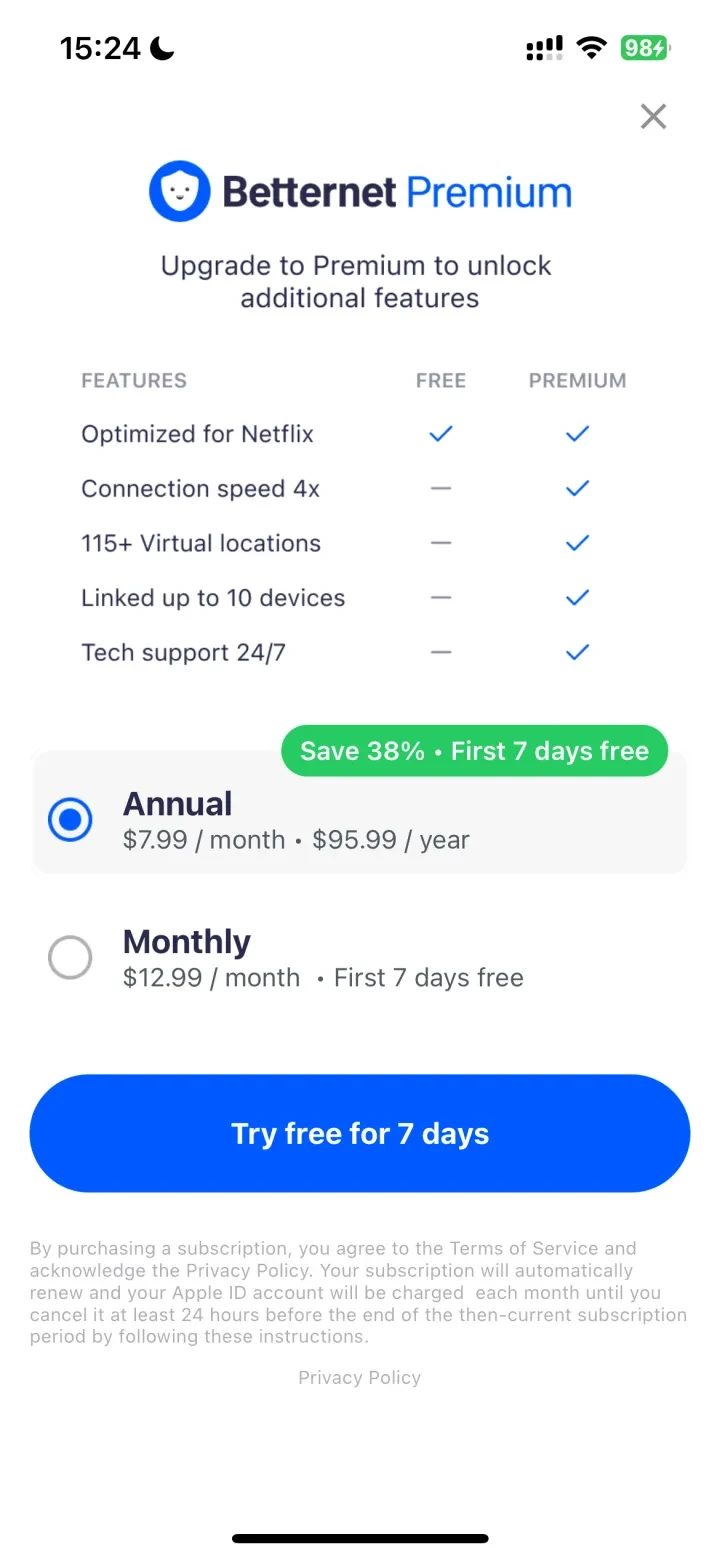 Betternet VPN: Best VPN Proxy paywall screenshot