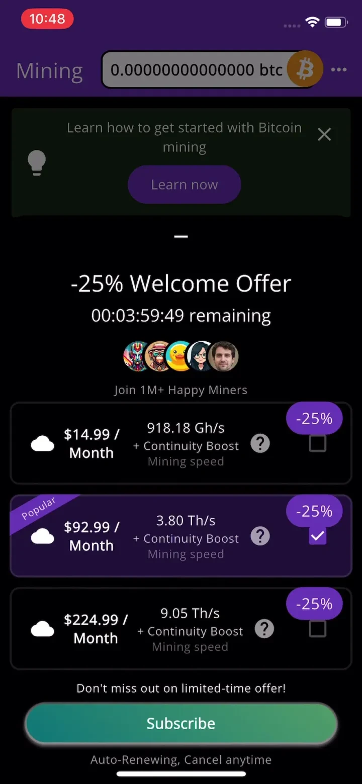 Bitcoin Mining: Crypto Miner paywall screenshot