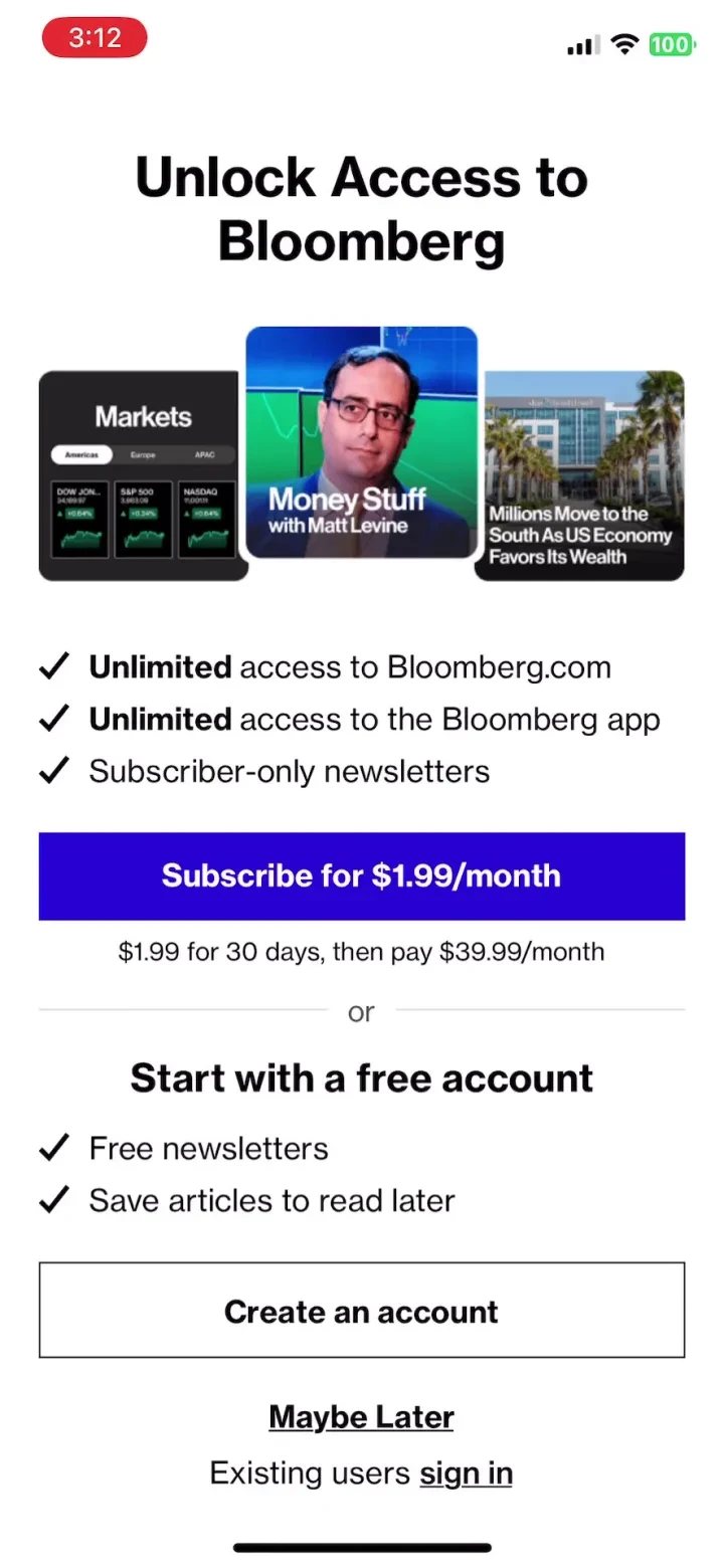Bloomberg: Business News Daily paywall screenshot