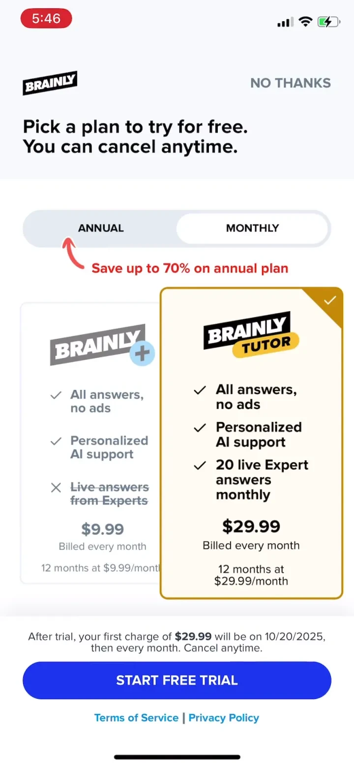Brainly: Your Personal Tutor paywall screenshot