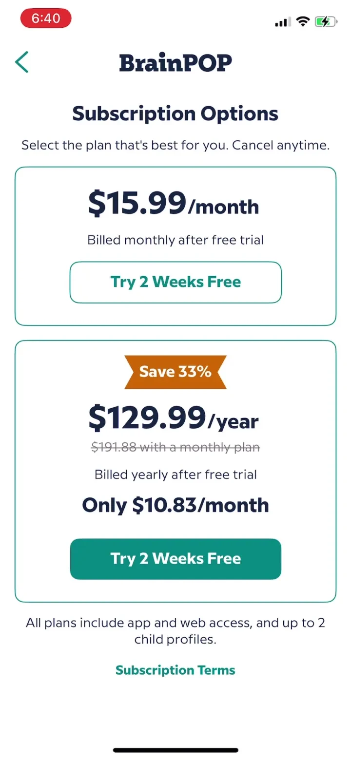 BrainPOP paywall screenshot