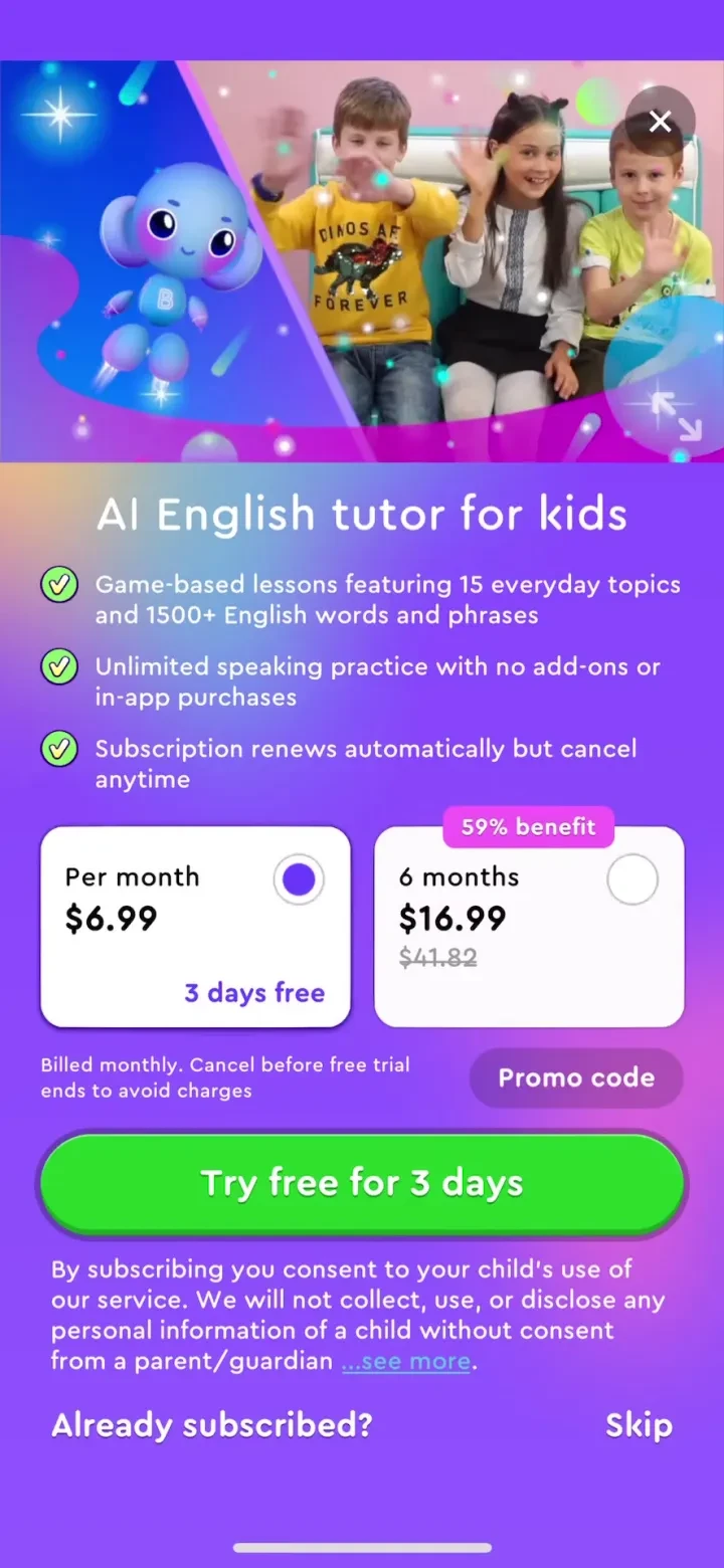 Buddy.ai: Kids Learning Games paywall screenshot