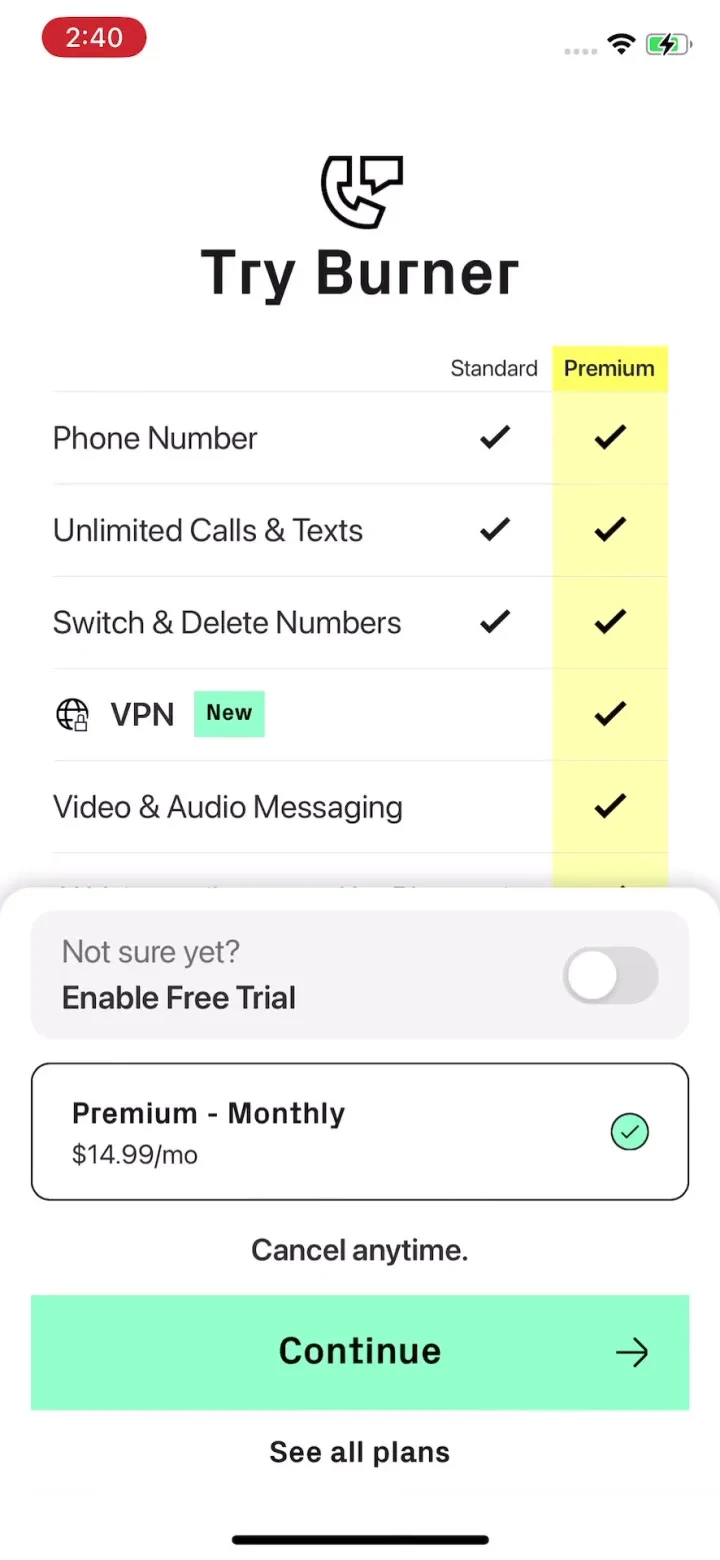 Burner: Second Phone Number paywall screenshot