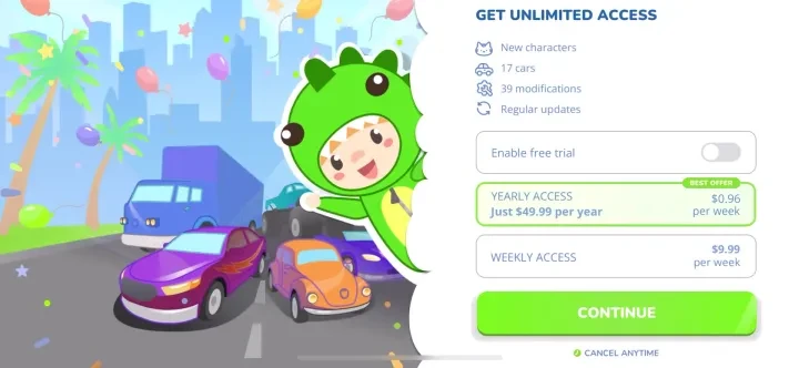 Car games for toddler and kids paywall screenshot