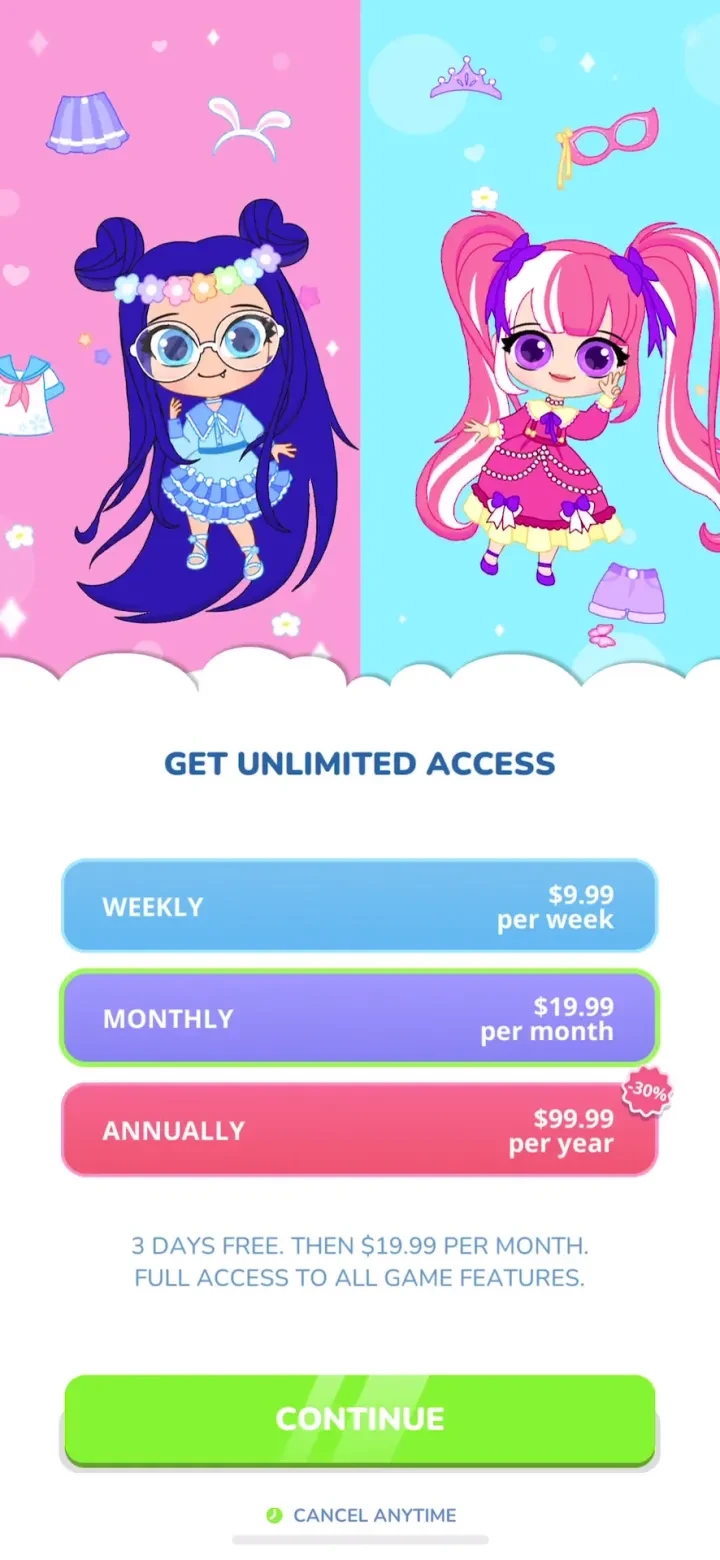 Chibi Dolls - Games for Girls paywall screenshot