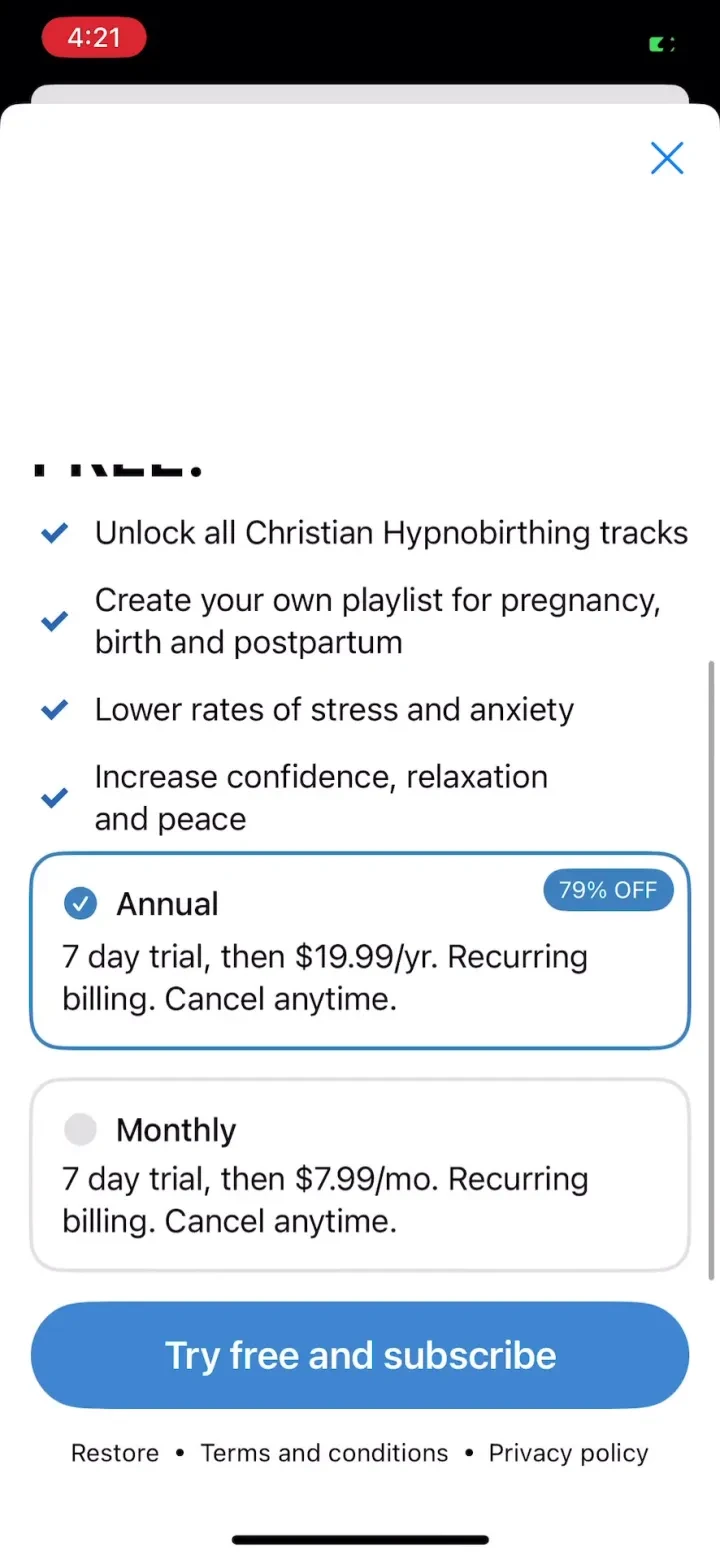Christian Hypnobirthing paywall screenshot
