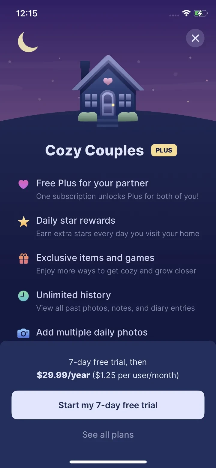 Cozy Couples: Relationship App paywall screenshot