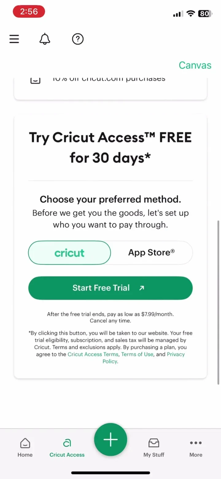 Cricut Design Space paywall screenshot