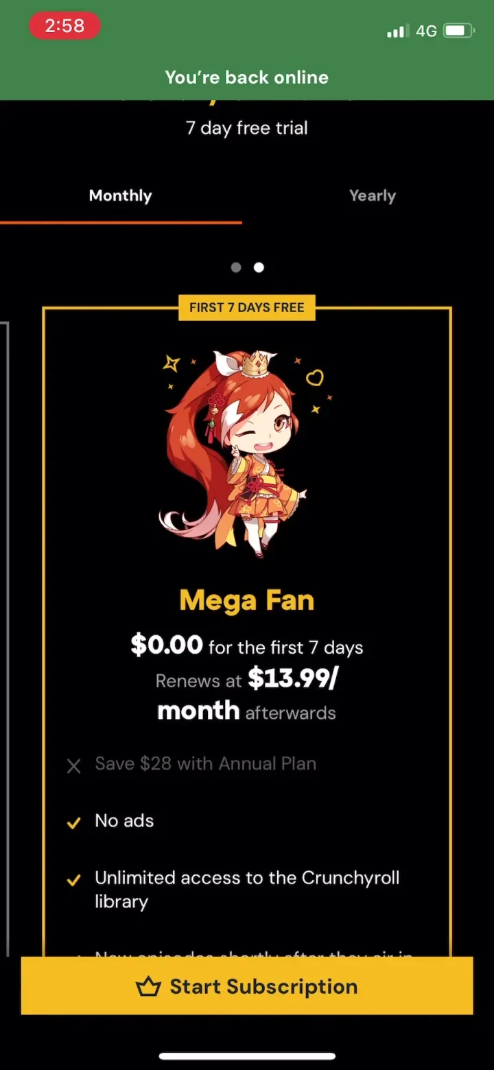 Crunchyroll paywall screenshot