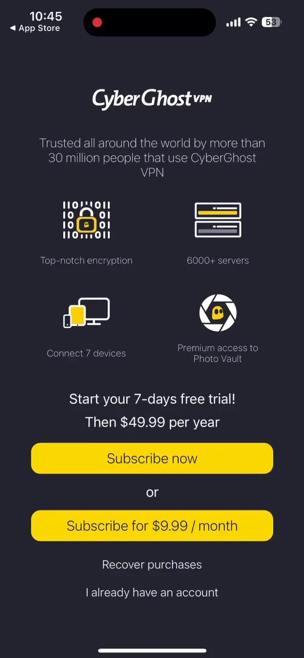 CyberGhost: Safe & Private VPN paywall screenshot