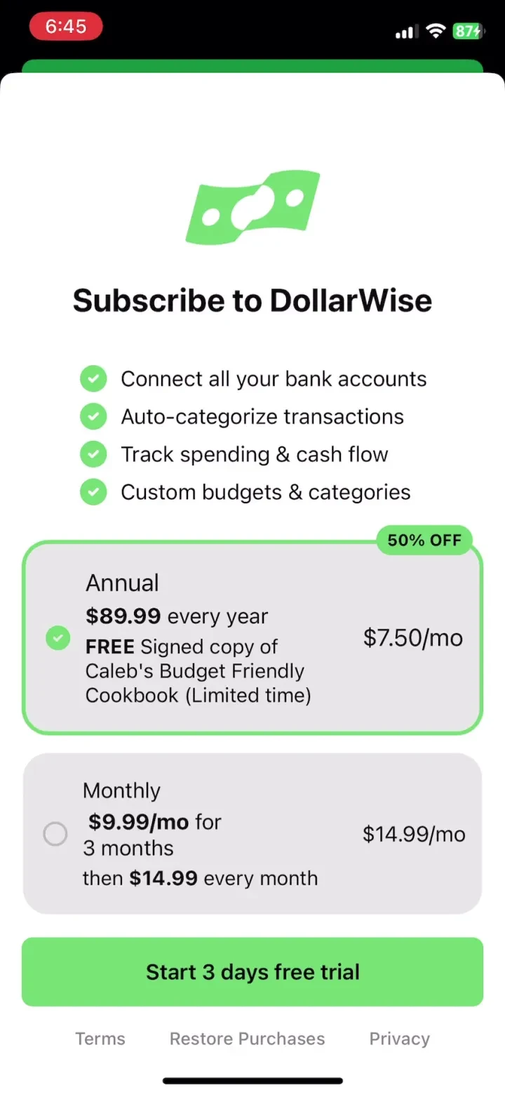 Dollarwise: Budget & Tracking paywall screenshot
