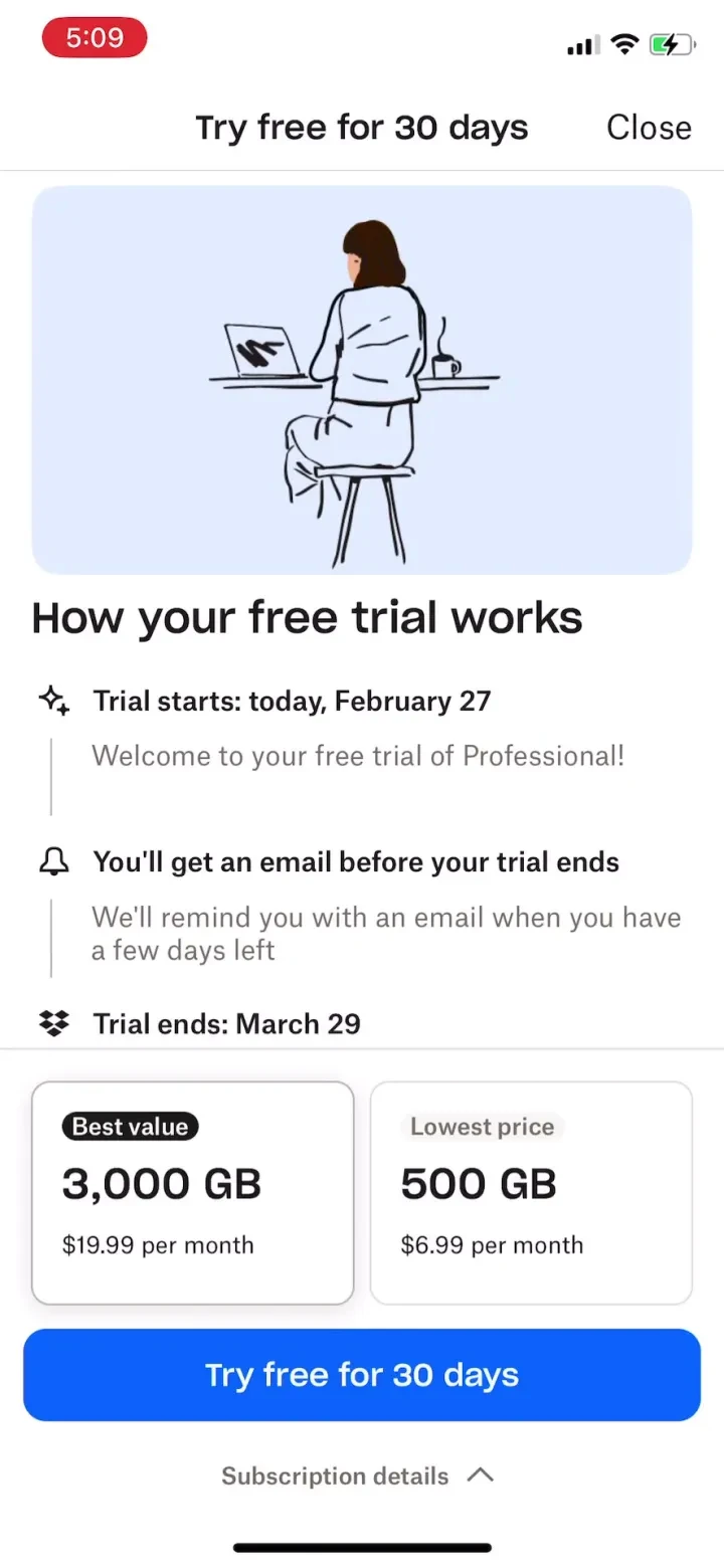Dropbox: Cloud Storage Backup paywall screenshot