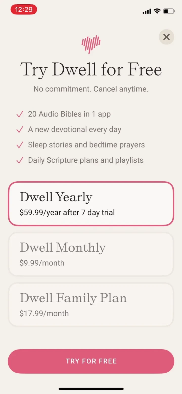 Dwell: Audio Bible paywall screenshot