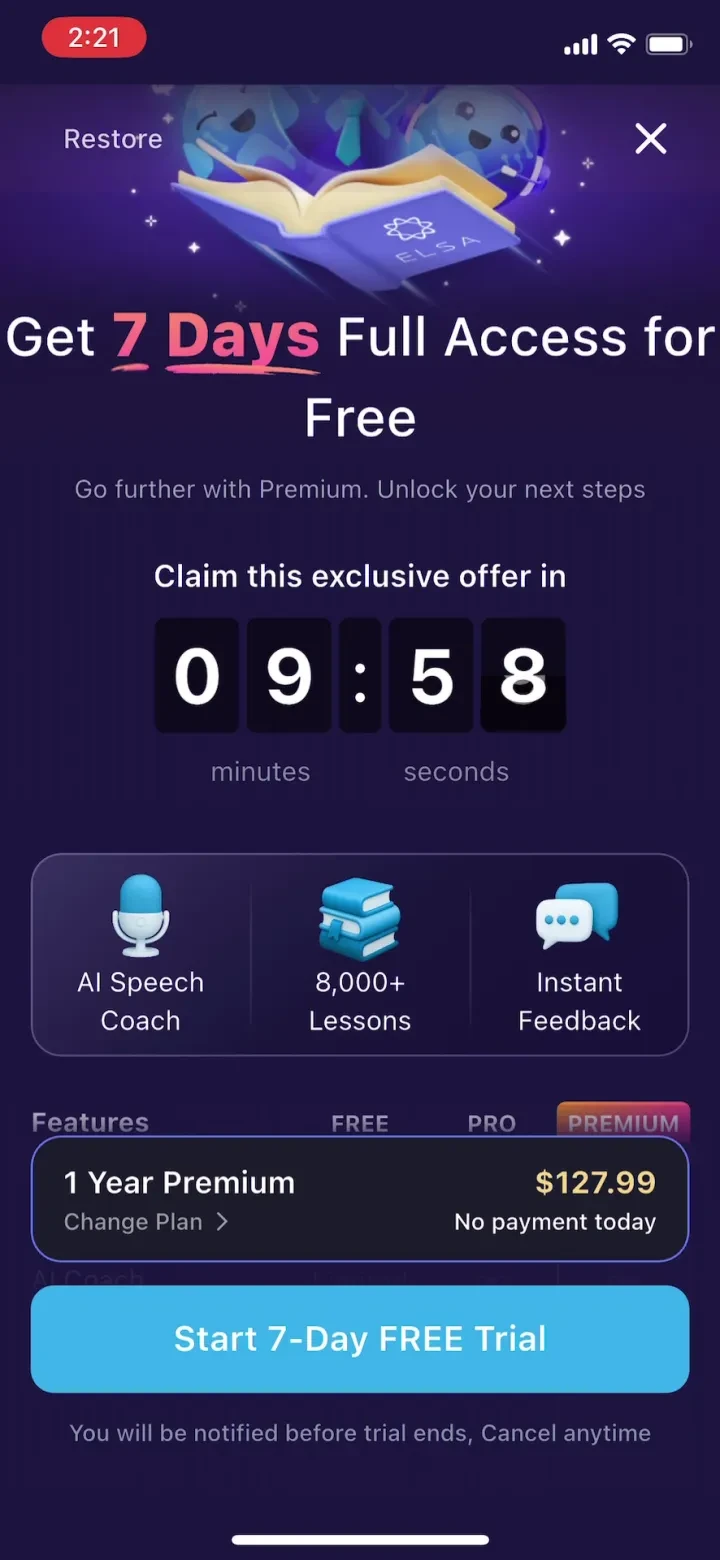 ELSA Speak - English Learning paywall screenshot