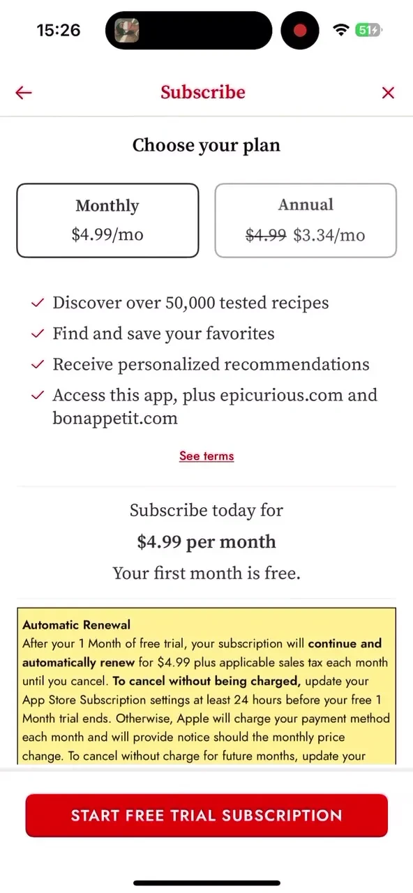 Epicurious paywall screenshot