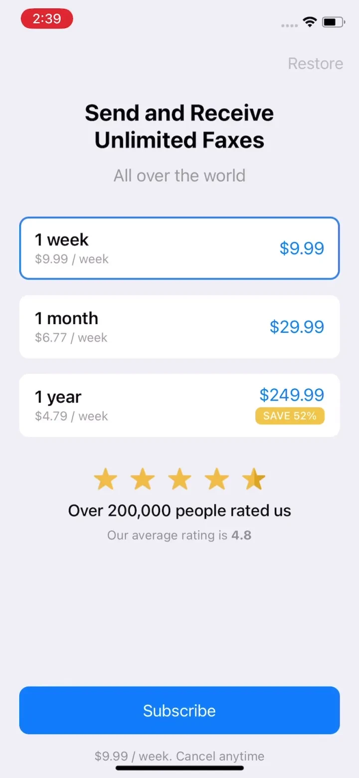 FAX from iPhone: Send Doc App paywall screenshot