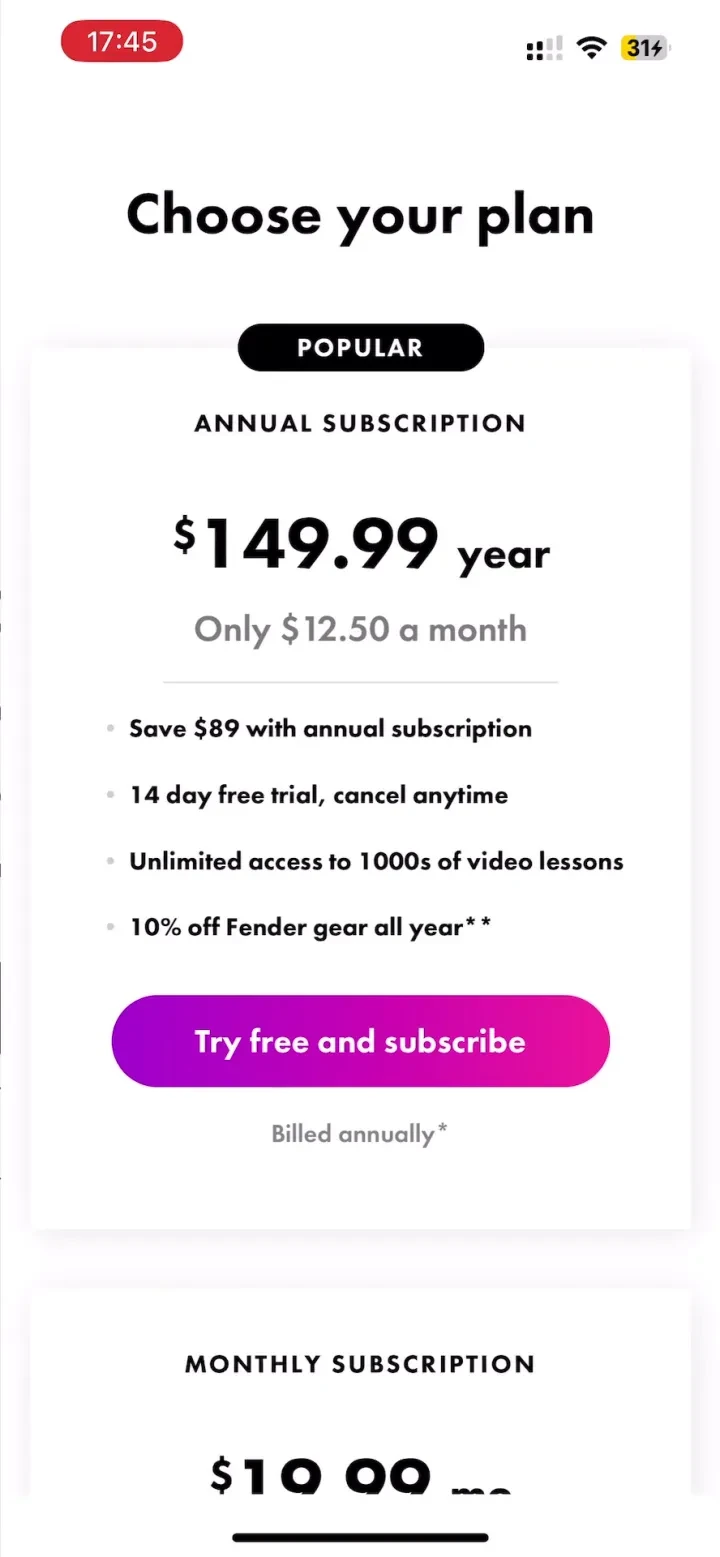 Fender Play: Learn Guitar paywall screenshot
