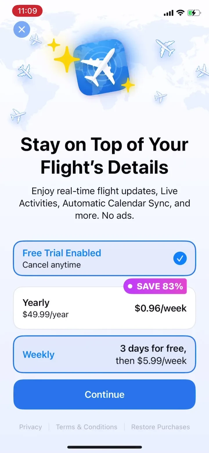 Flight Tracker + paywall screenshot