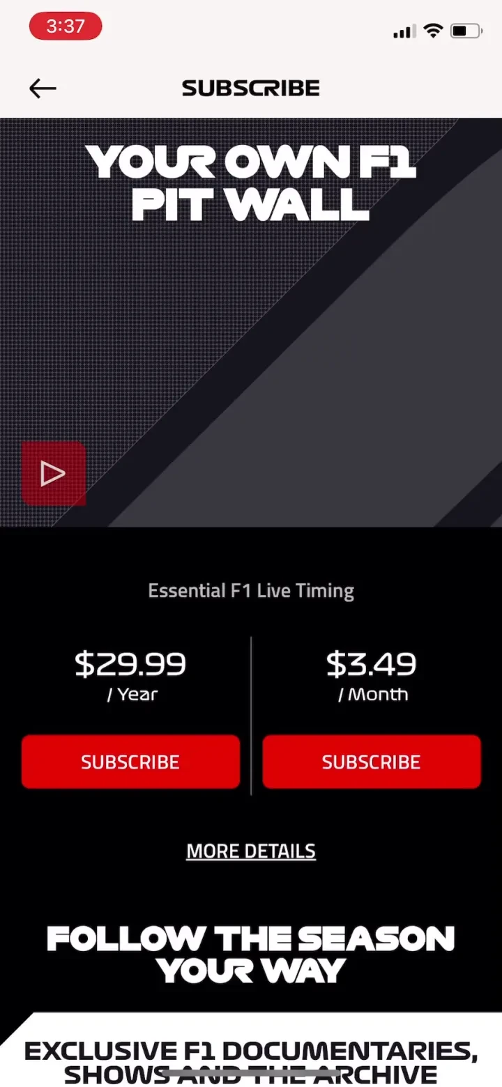 Formula 1® paywall screenshot