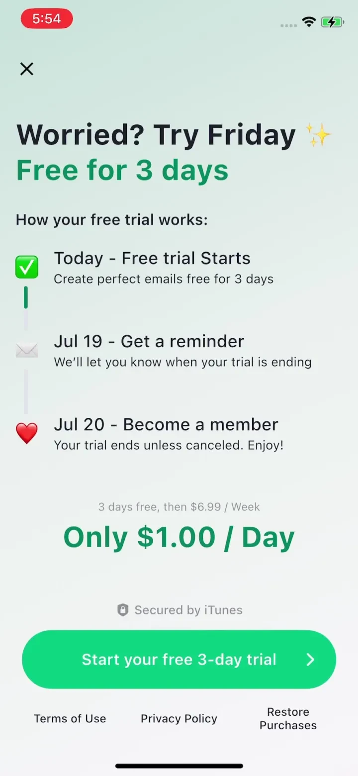 Friday AI Email Writer paywall screenshot