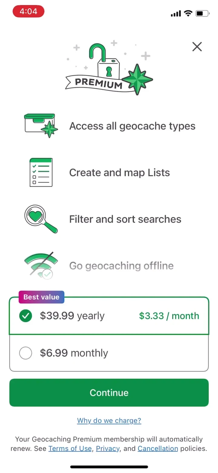 Geocaching® paywall screenshot