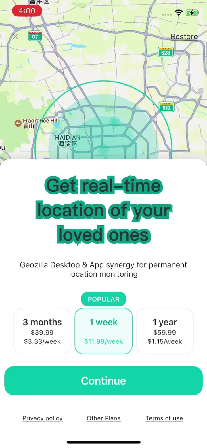 GeoZilla Phone Location Finder paywall screenshot