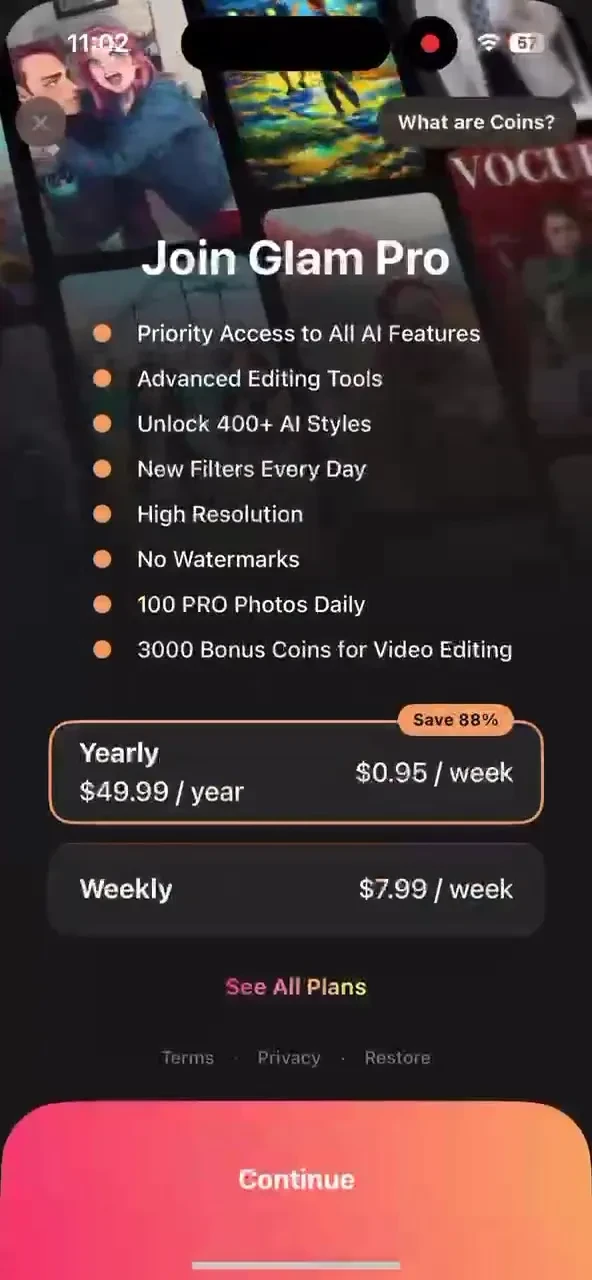Glam AI: Video & Photo Editor paywall screenshot