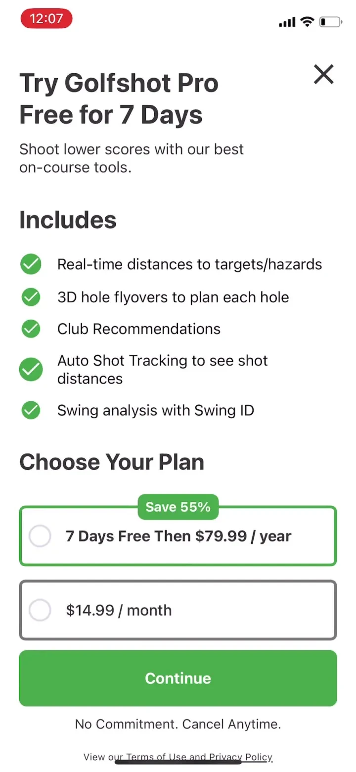 Golfshot Golf GPS Range Finder paywall screenshot