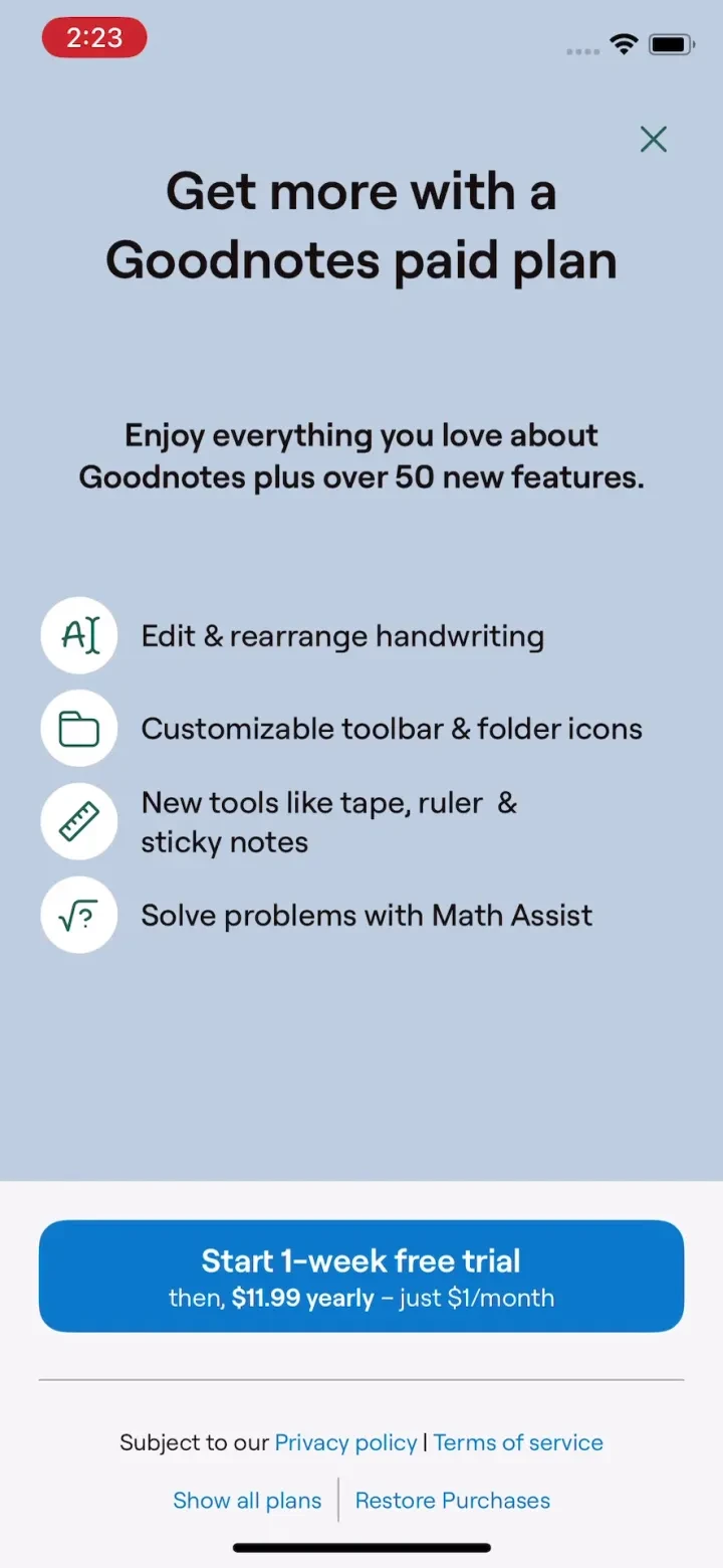 Goodnotes: AI Notes, Docs, PDF paywall screenshot