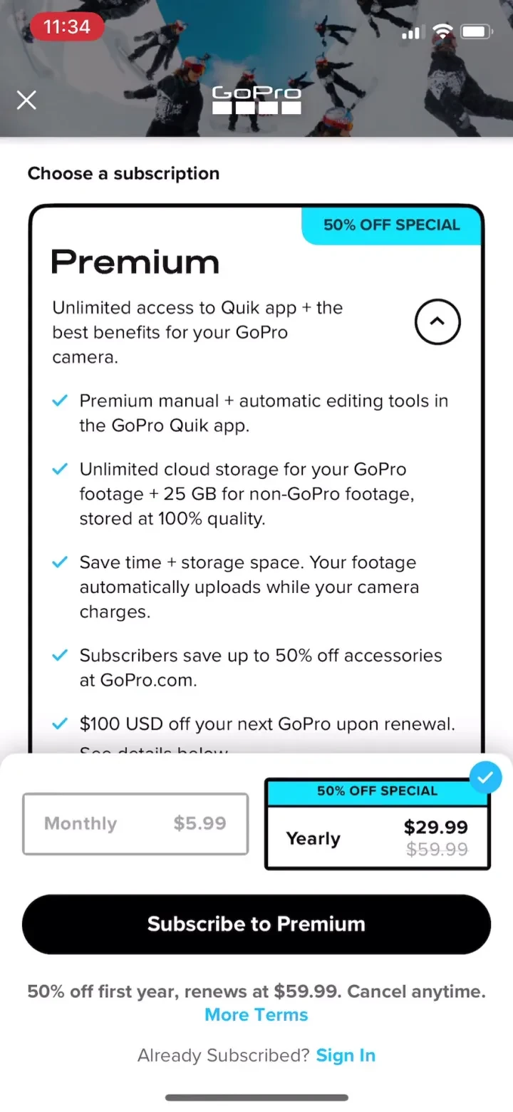 GoPro Quik paywall screenshot