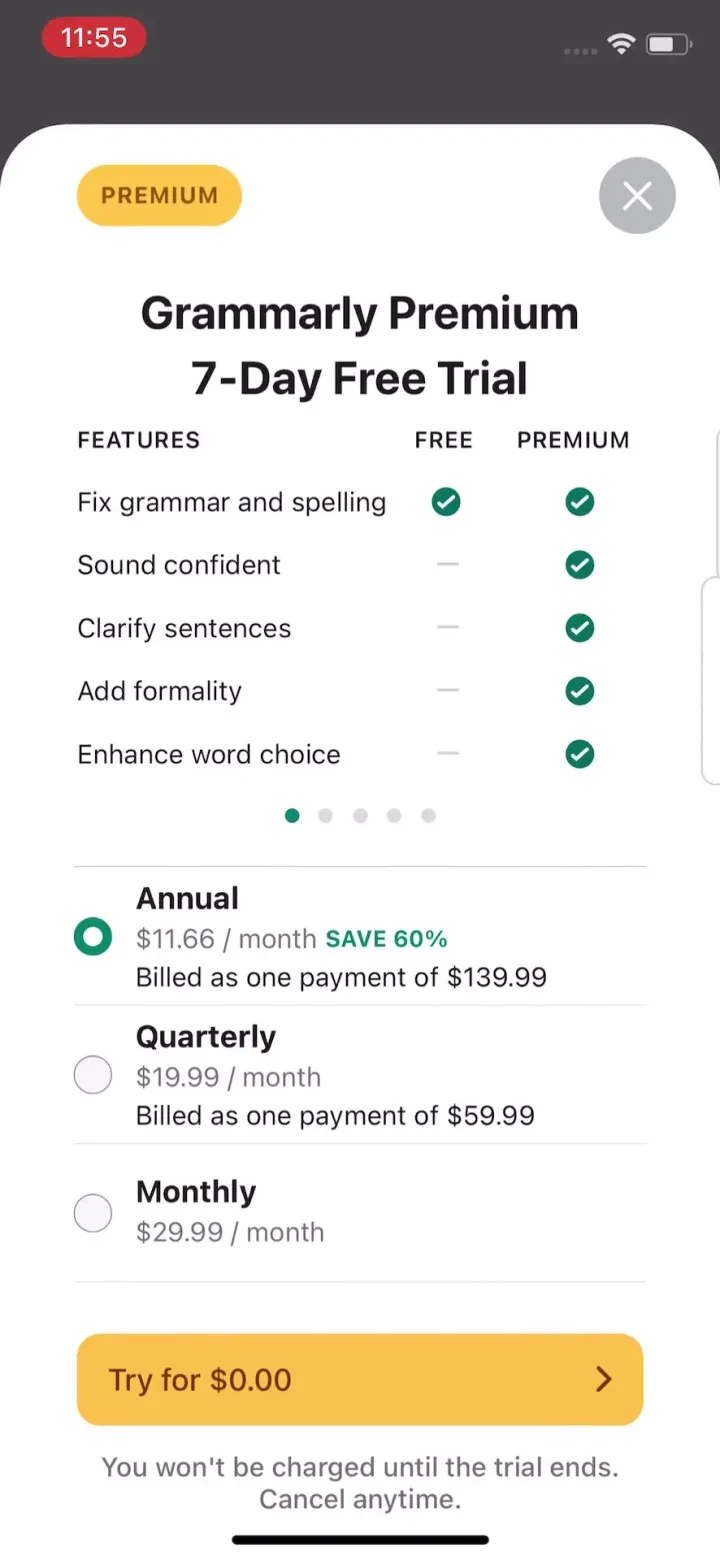 Grammarly: AI Keyboard & Notes paywall screenshot